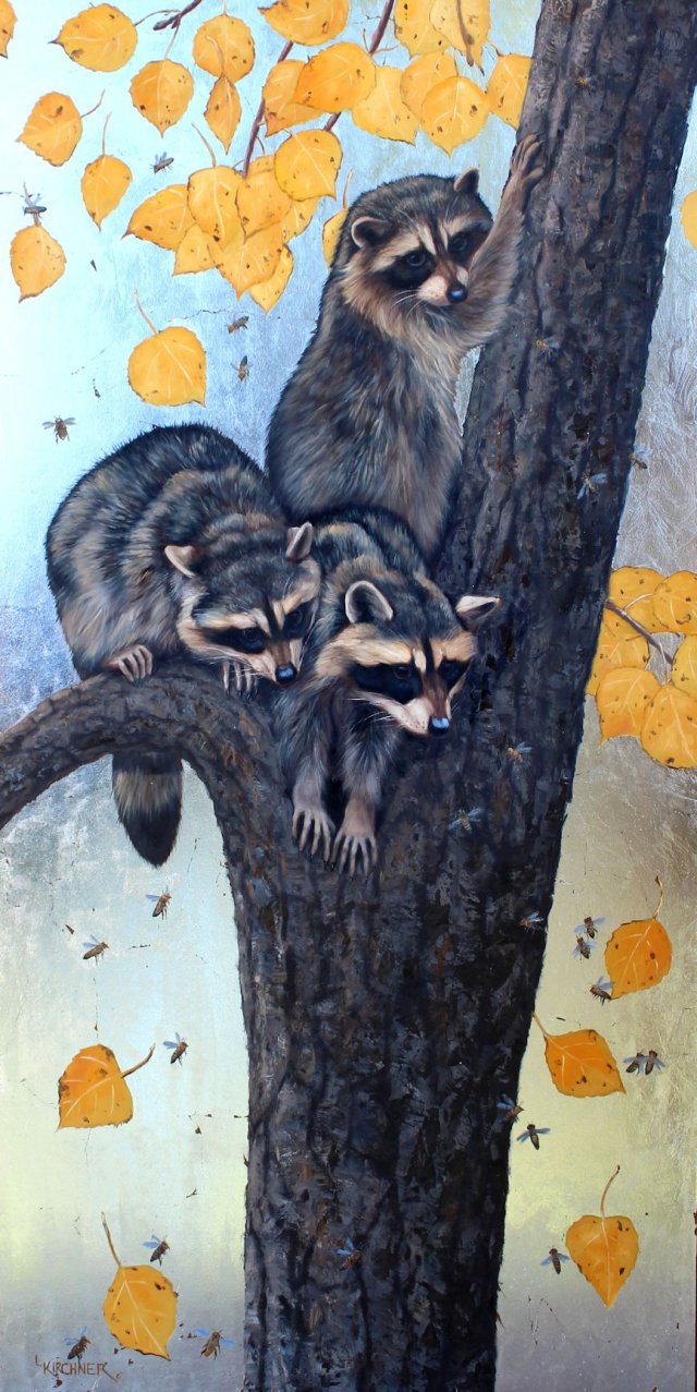 Leslie Kirchner, leslie kirchner art, leslie kirchner artist, wildlife art, wildlife artist, western art, western artist, nature art, nature artist, raccoons, raccoon art, raccoon painting, honey bees, honey bees art, honey bee painting