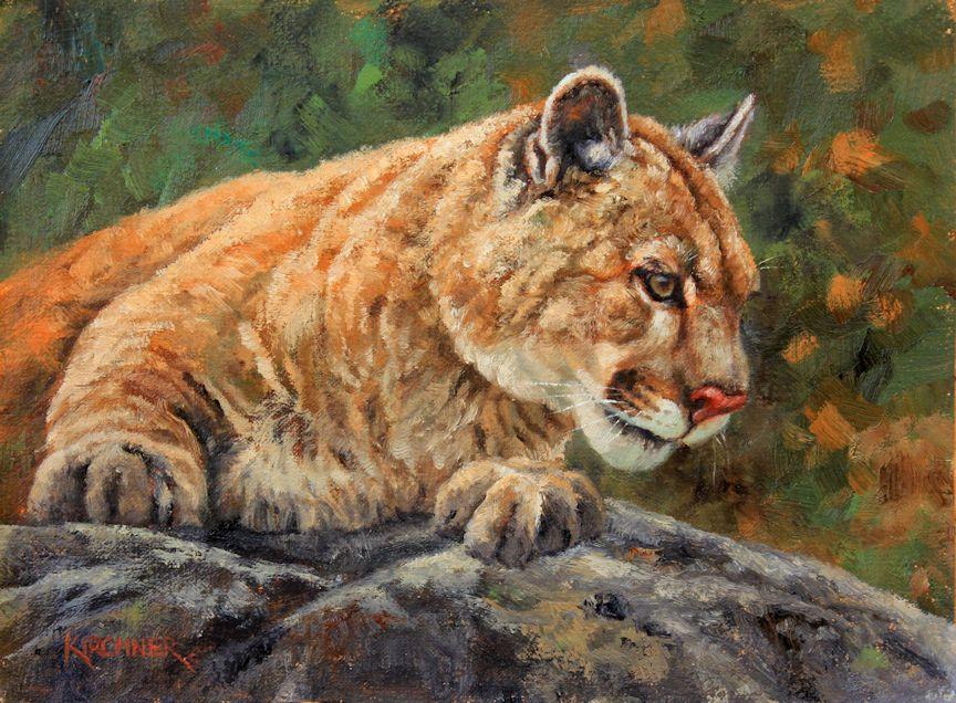 Cougar, Cougar Painting, Cougar Art, Mountain Lion, Mountain Lion Art, Mountain Lion Painting, Catamount, Wild Cat, Cat Art, Nature Art, Nature Painting, western art, western paintings, western wildlife, Leslie Kirchner, Leslie Kirchner Art