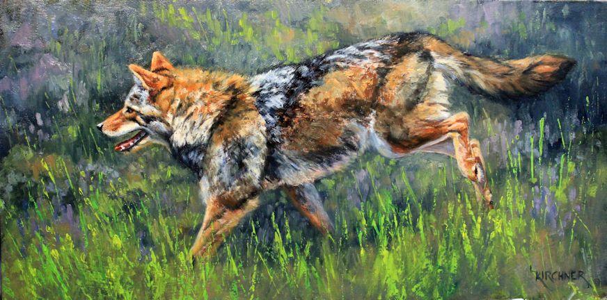 coyote, running coyote, coyote painting, coyote art, western art, western artwork, western wildllife art, western wildllife, nature art, nature artwork, nature paintings,coyote in field, leslie kirchner, lesliekirchner art, leslie kirchner artwork, leslie kirchner oil painting, nature art, wildlife art, wildlife paintings