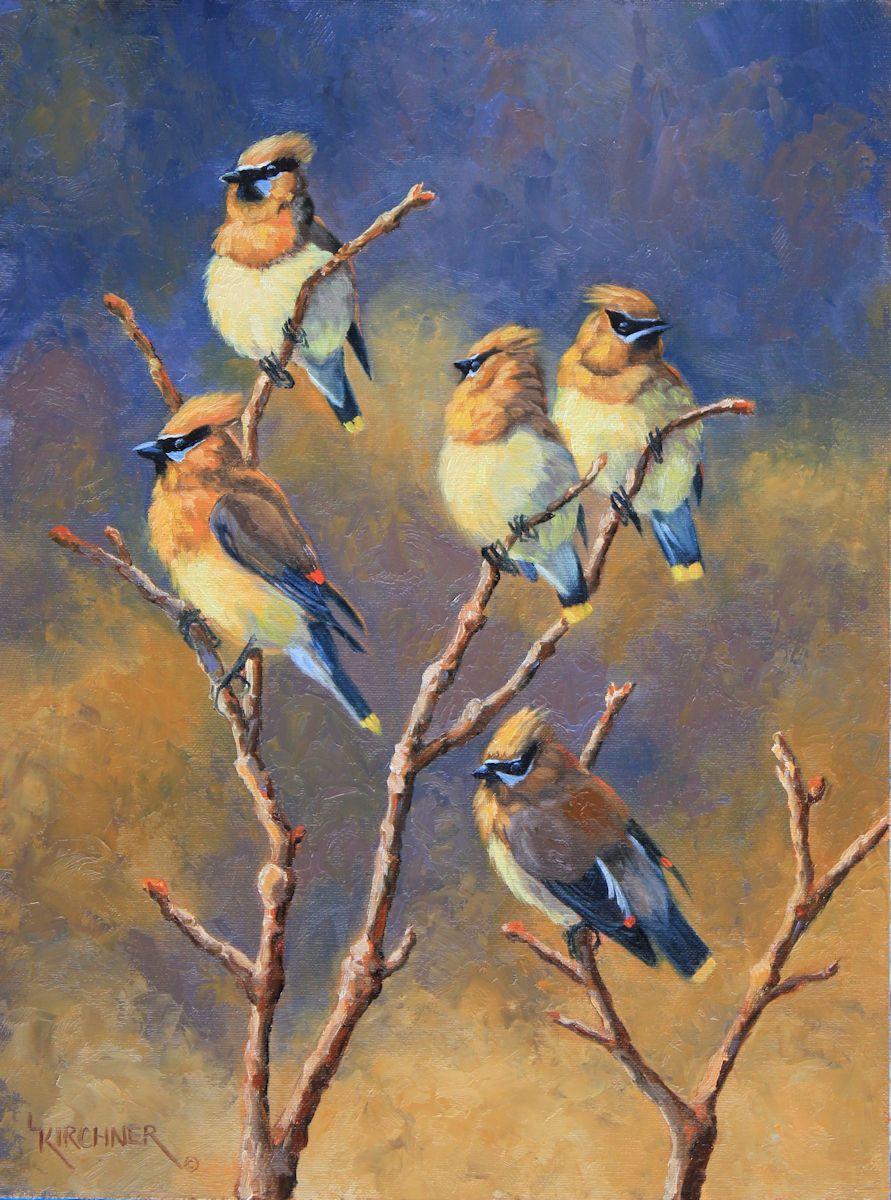 Cedar Waxwings, cedar waxwing art, cedar waxwing painting, leslie kirchner, leslie kirchner art, bird art, bird painting, western wildlife art, western wildlife, western art, nature art, nature artists