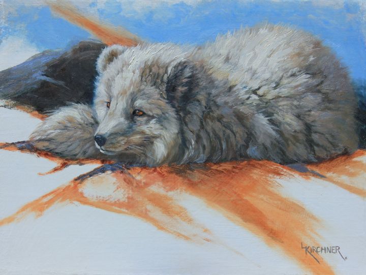 leslie kirchner, leslie kirchner art, arctic fox art, arctic fox painting, arctic, arctic wildlife, fox, fox art, fox painting, wetsern art, wildlife art, nature artist,oil painting,  nature art, arctic fox oil painting, 