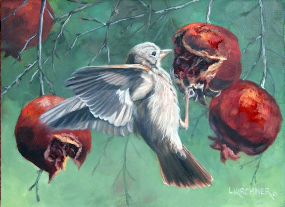 Leslie Kirchner, leslie kirchner art, leslie kirchner artist, wildlife artist, western artist, nature artist, western art, wildlife art, bird art, songbird art, oil painting, bird painting, hermit thrush, thrush, pomegranite art, pomegranite, wildlife art painting, birds, hermit thrush eating pomegranites