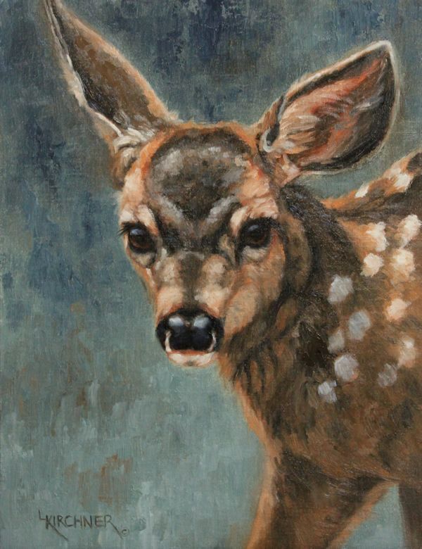 Leslie Kirchner, leslie kirchner art, leslie kirchner artist, wildlife art, wildlife artist, western art, western artist, nature art, nature artist, oil painting, deer art fawn art, mulre deer painting mule deer fawn painting, mule deer fawn