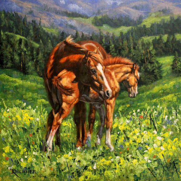 leslie kirchner, leslie kirchner art, leslie kirchner artist, wildlife art, wildlife artist, western art, western artist, horse art, nature art, nature artist, horse painting, mare and foal painting, mare and foal art, oil painting, sorrel horse, chestnut horse, mare and foal western art