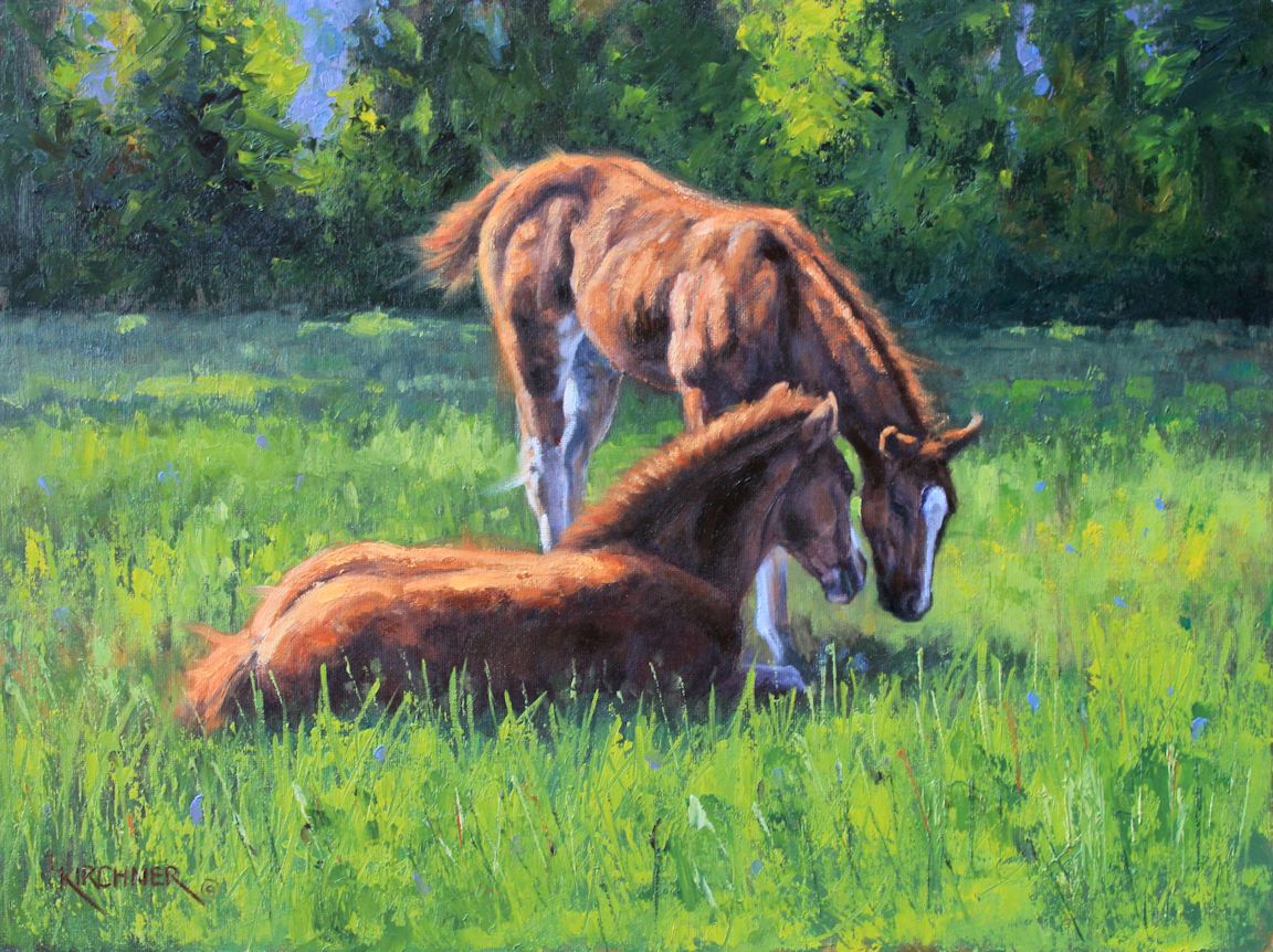 Leslie Kirchner, leslie kirchner art, western art, western artist, nature art, nature artist, wildlife art, wildlife artist, horse, horse art, foal, foal art, colt, colt art, sorrel horse, sorrel horse foals, horse painting, foal painting, two foals