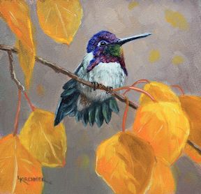 Leslie Kirchner, leslie kirchner art, leslie kirchner artist, western art, western artist, nature art, nature artist, wildlife art, wildlife artist, hummingbird, hummingbird art, hummingbird painting, costas hummingbird, costas hummingbird art, costas hummingbird painting, male costas hummingbird