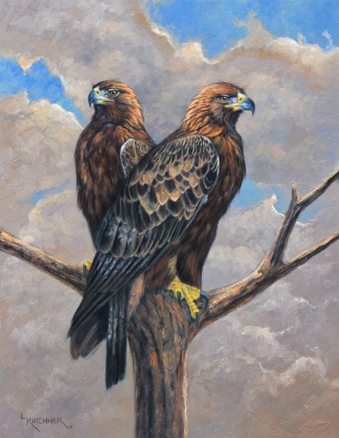 Leslie Kirc hner, leslie kirchner art, leslie kirchner artist, wildlife art, wildlife artist, western art, western artist, nature art, nature artist, birds of prey, bird of prey art, raptor, raptor art, golden eagle, golden eagle pair, golden eagle art, golden eagle painting