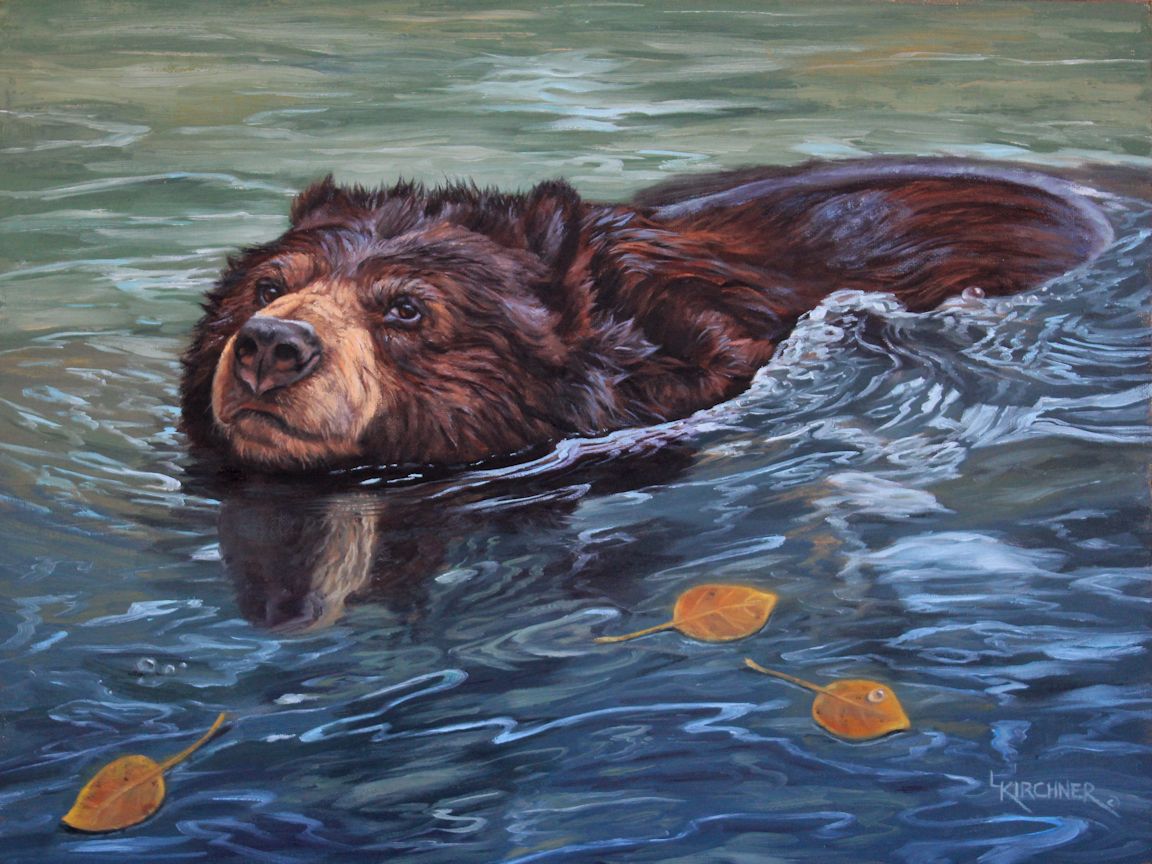 Leslie Kirchner, leslie kirchner art, leslie kirchner artist, western art, western artist, nature art, nature artist, wildlife art, wildlife artist, bear, bear art, grizzly bear, grizzly bear art, black bear, black bear art, black bear painting, black bear swimming, black bear swimming art