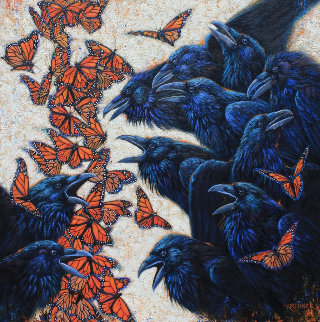 Leslie Kirchner, leslie kirchner art,leslie kirchner artist, wildlife art, wildlife artist, western art, western artist, nature art, nature artist, ravens, raven art, crow art, crows, raven paintings, monarchs, monarch art, monarch paintings 