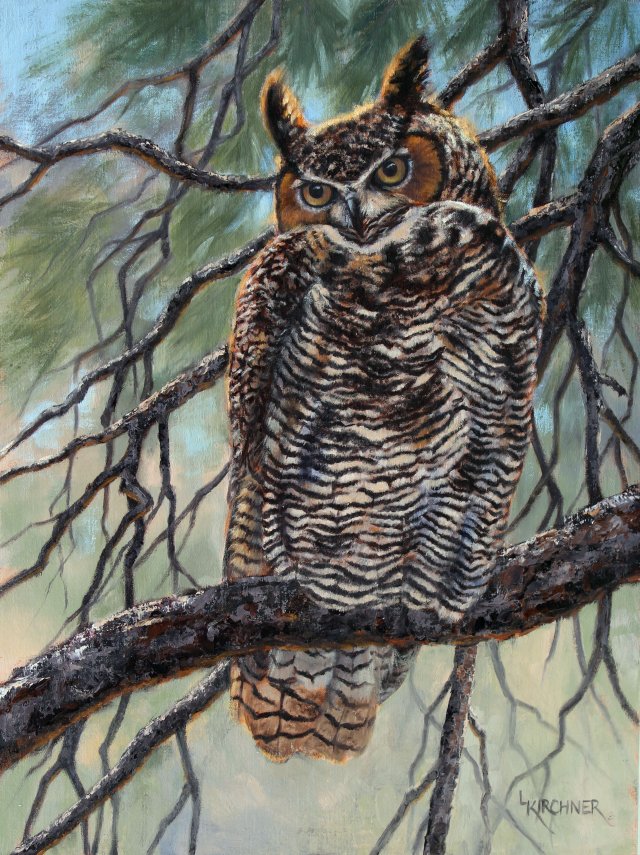 Leslie Kirchner, leslie kirchner art, western art, western artist, wildlife art, wildlife artist, nature art, nature artist, owl, owl art, owl painting, great horned owl, great horned owl art, great horned owl painting, greta horned owl roosting, great horned owl tree